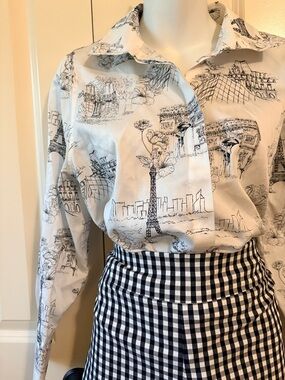 White Paris Sketch Button-Up Shirt, non iron, by Chicos size Med